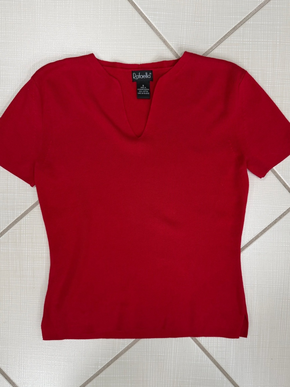 Rafaella Bright Red Short Sleeve V-Notch Short Sleeve Sweater